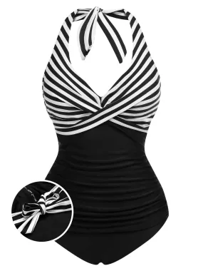 1950s Halter Stripes Floral One-Piece Swimsuit