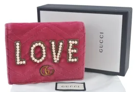 Auth GUCCI GG Marmont LOVE Double G Bifold Wallet Velour 466492 Pink Box 6637I