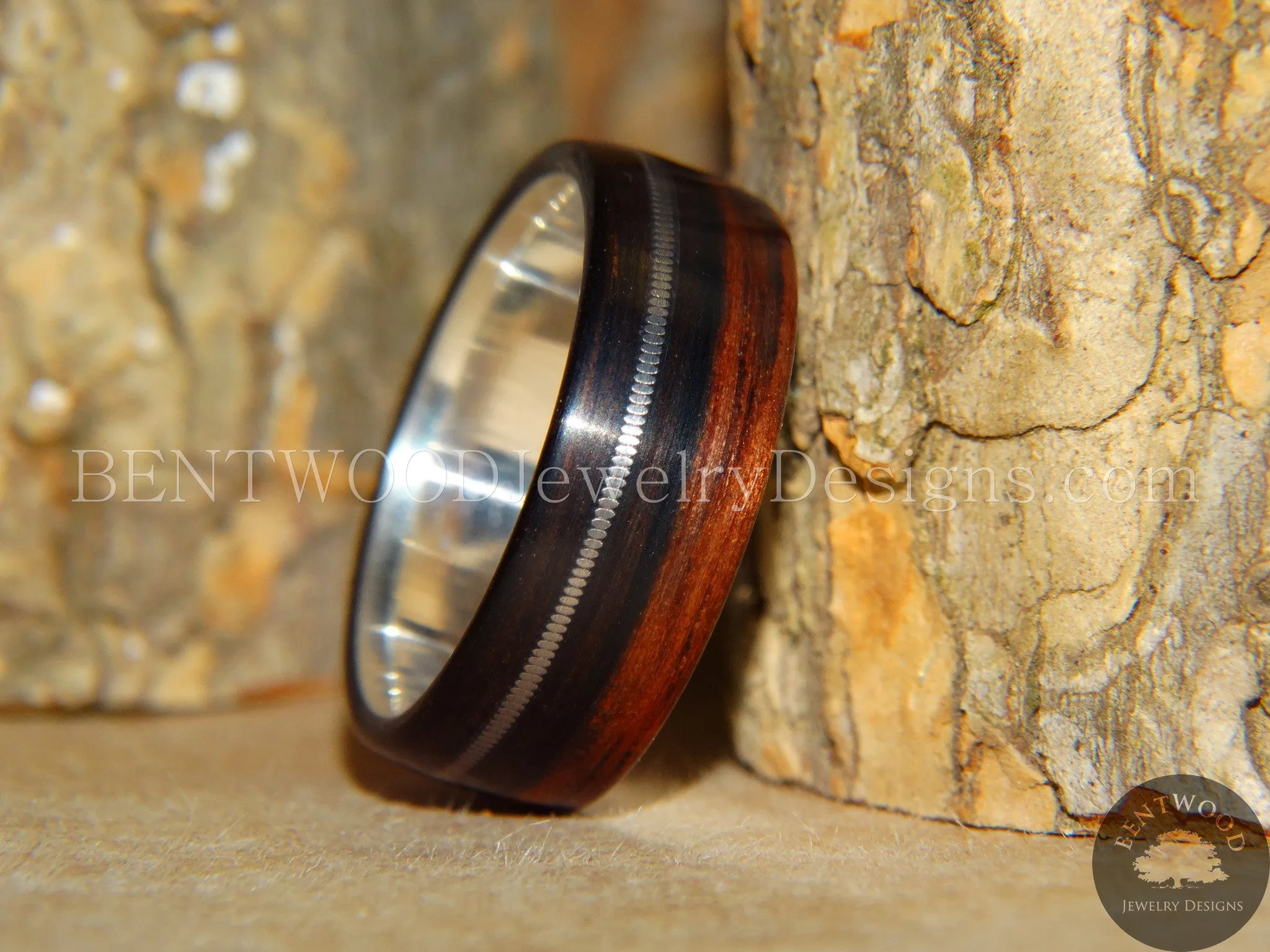 Bentwood Ring - Ebony Wood Ring with Fine Silver Core and Thick Silver Guitar String Inlay