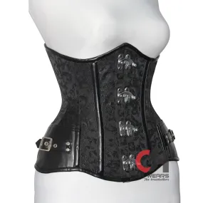 Black Brocade Leather Underbust Corset With Clasp Closure