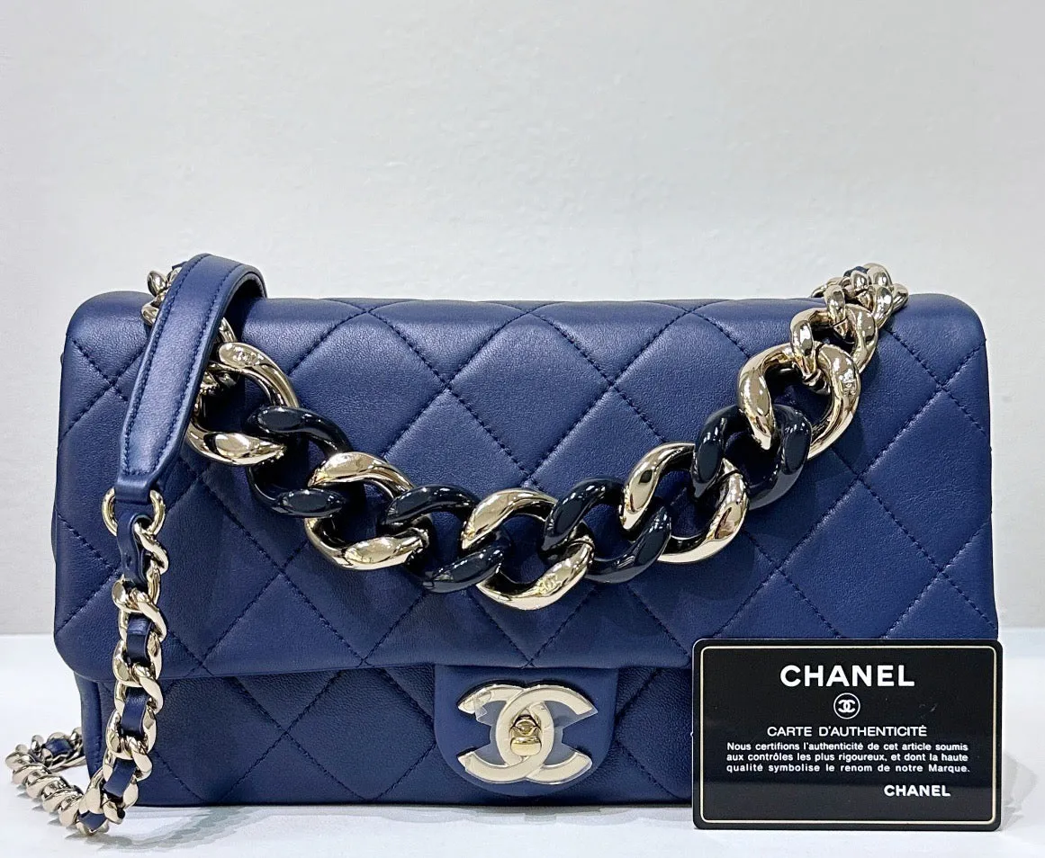 CHANEL Medium Calfskin Quilted Resin Bi-Color Chain Flap Bag Navy