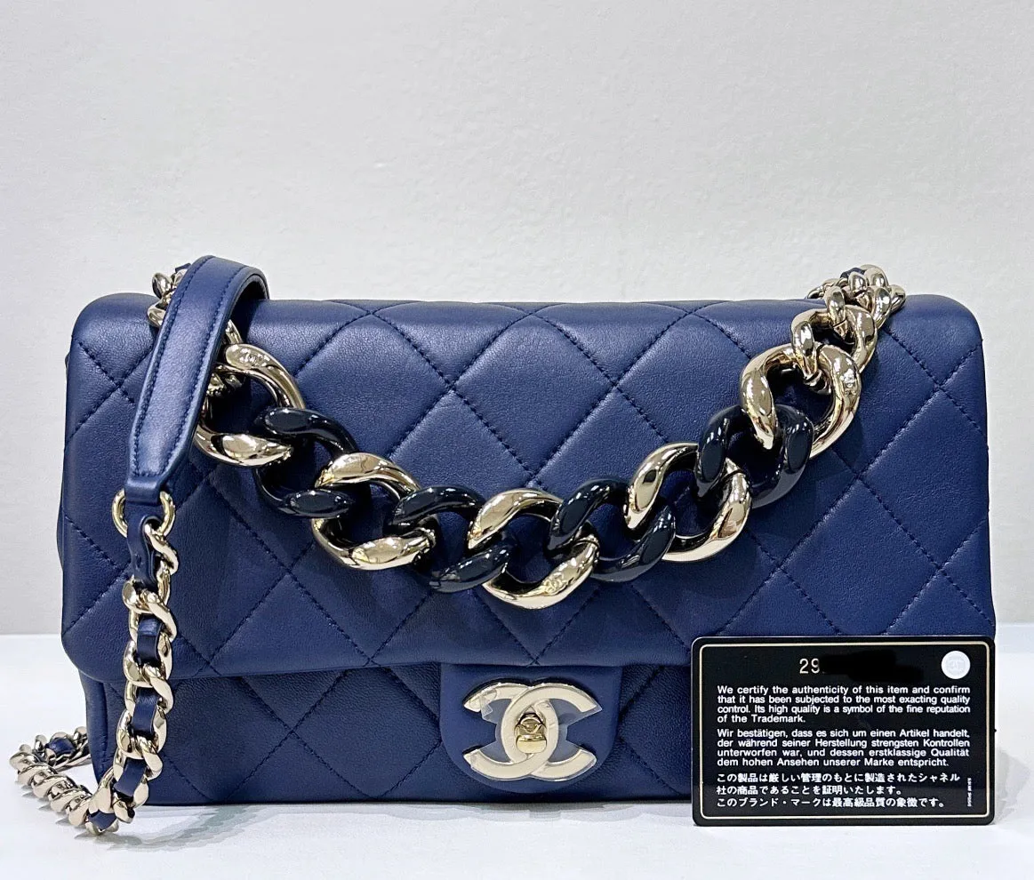 CHANEL Medium Calfskin Quilted Resin Bi-Color Chain Flap Bag Navy