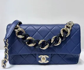 CHANEL Medium Calfskin Quilted Resin Bi-Color Chain Flap Bag Navy