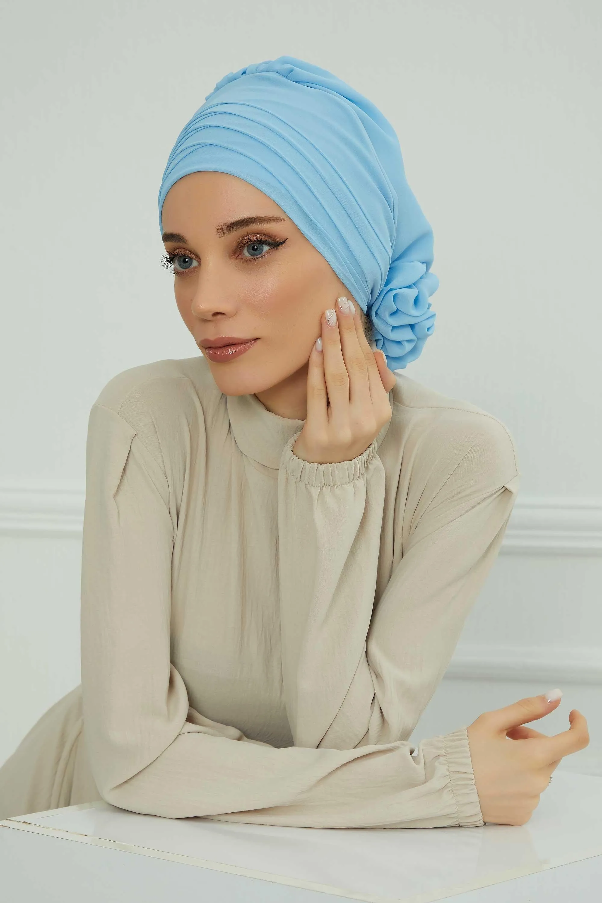 Chiffon Instant Turban with Cross-Stitch Tie Detail, Fashionable Adjustable Pre-Tied Headscarf Head Covering for Effortless Style,HT-30