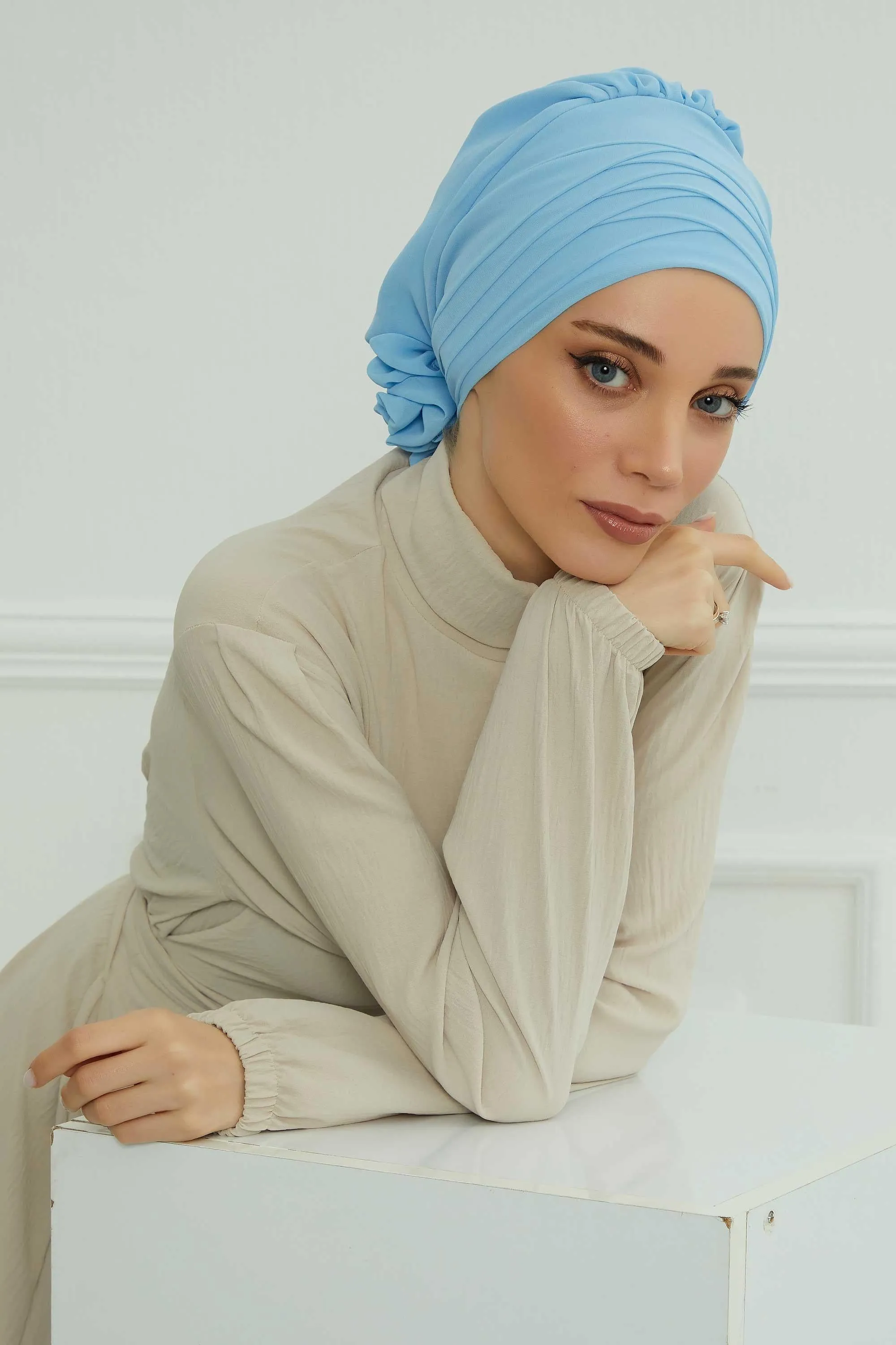 Chiffon Instant Turban with Cross-Stitch Tie Detail, Fashionable Adjustable Pre-Tied Headscarf Head Covering for Effortless Style,HT-30