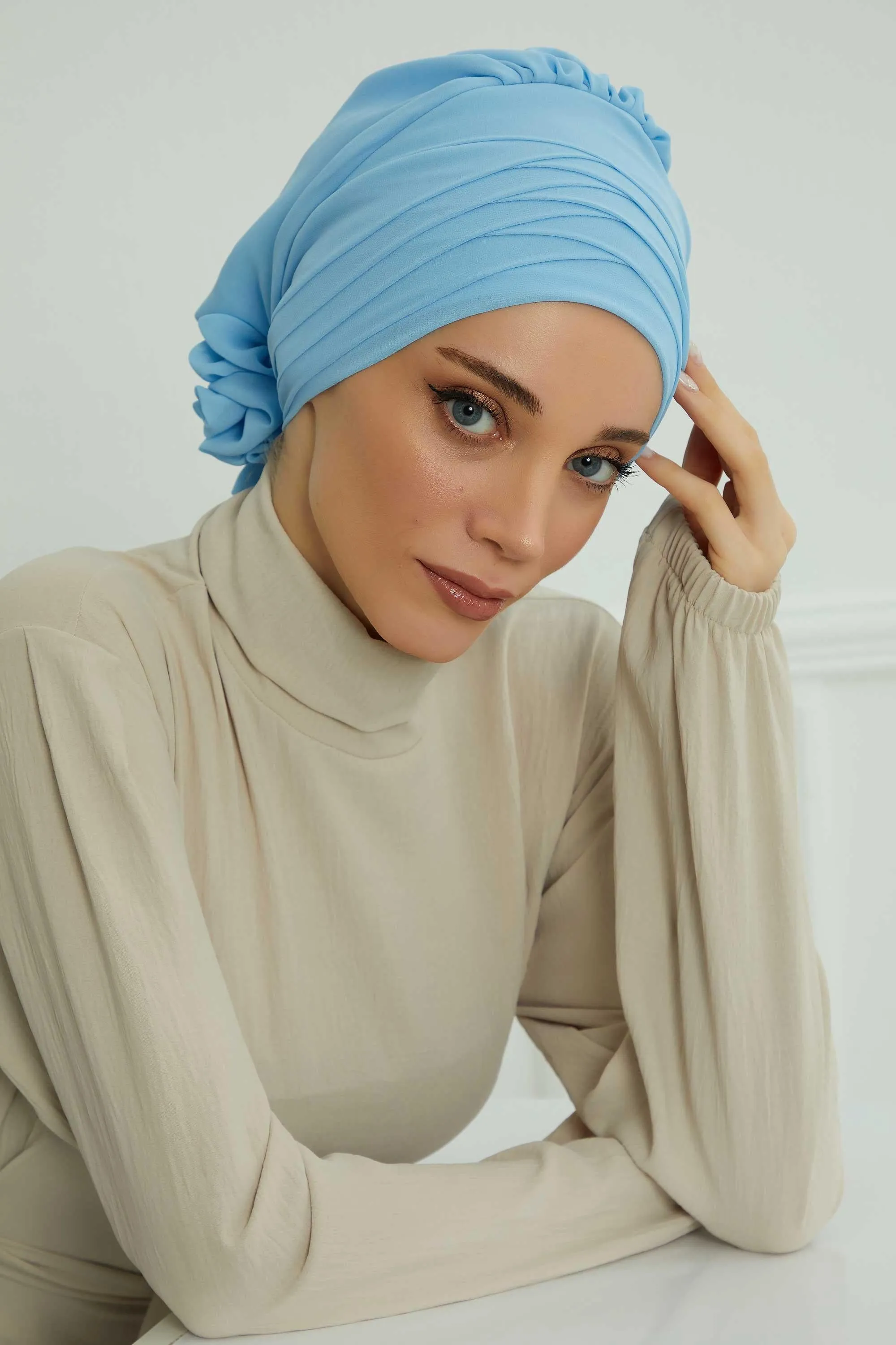 Chiffon Instant Turban with Cross-Stitch Tie Detail, Fashionable Adjustable Pre-Tied Headscarf Head Covering for Effortless Style,HT-30