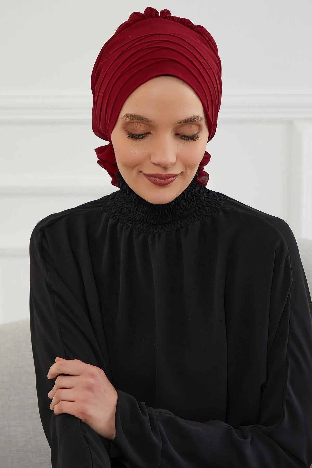 Chiffon Instant Turban with Cross-Stitch Tie Detail, Fashionable Adjustable Pre-Tied Headscarf Head Covering for Effortless Style,HT-30