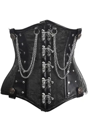 Deluxe Black Brocade Steel Boned Underbust Corset with Chains and Clasps