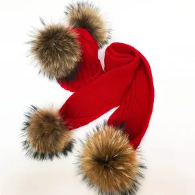 Double Pom Hat & Scarf Set - Red with Natural Pom