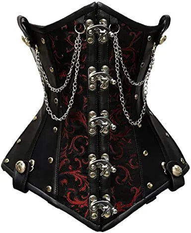 Flodin Red Brocade & Faux Leather Underbust Corset With Chain Details