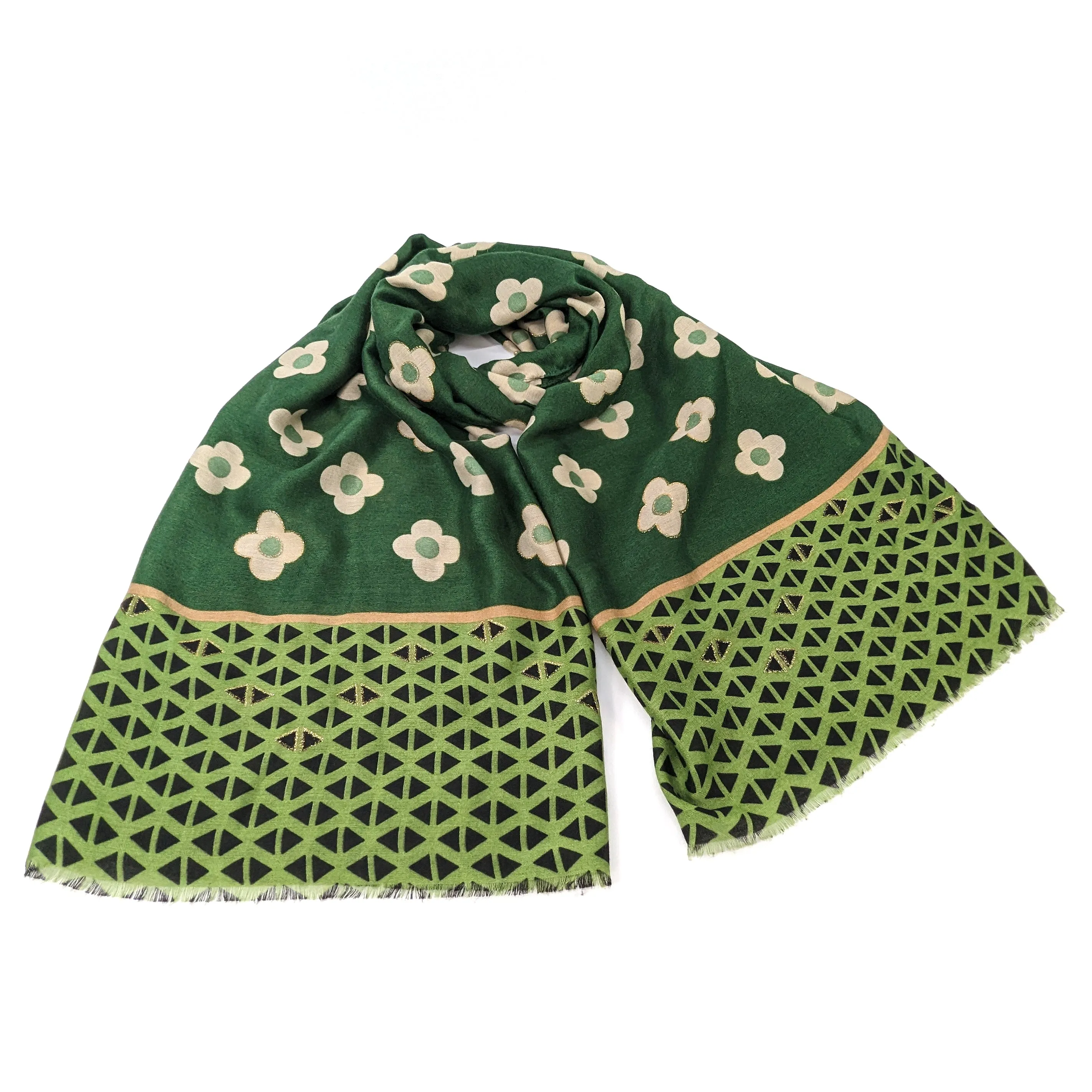 Gold Retro Flower Scarf - Forest Green (50x180cm)