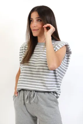 Grey Striped Cotton Shoulder Pad Tank