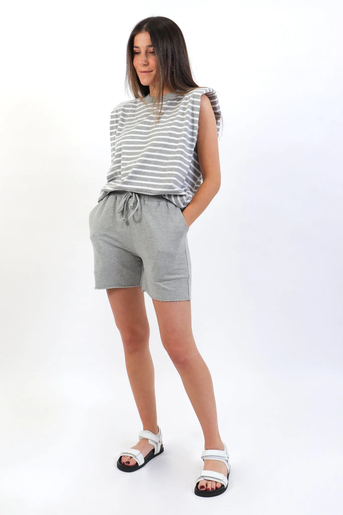 Grey Striped Cotton Shoulder Pad Tank