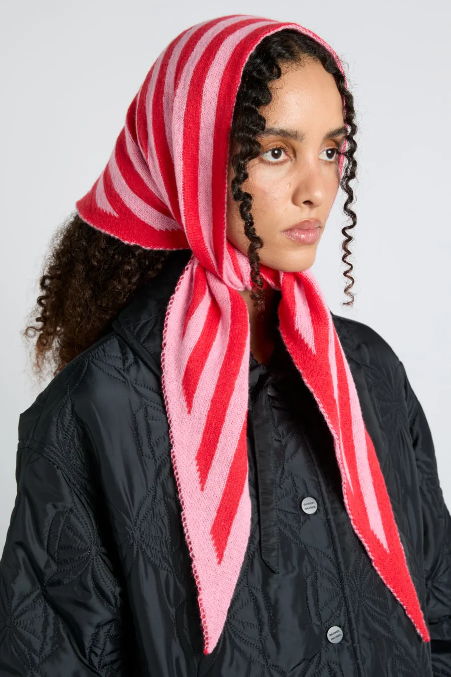 knitted triangle headscarf in pink & red stripe