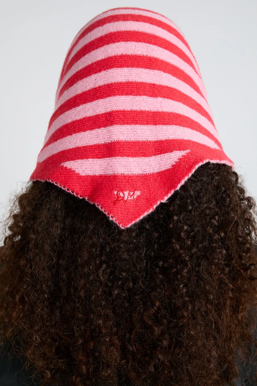 knitted triangle headscarf in pink & red stripe