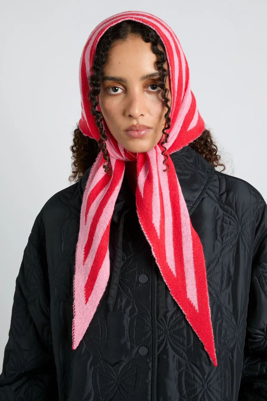 knitted triangle headscarf in pink & red stripe