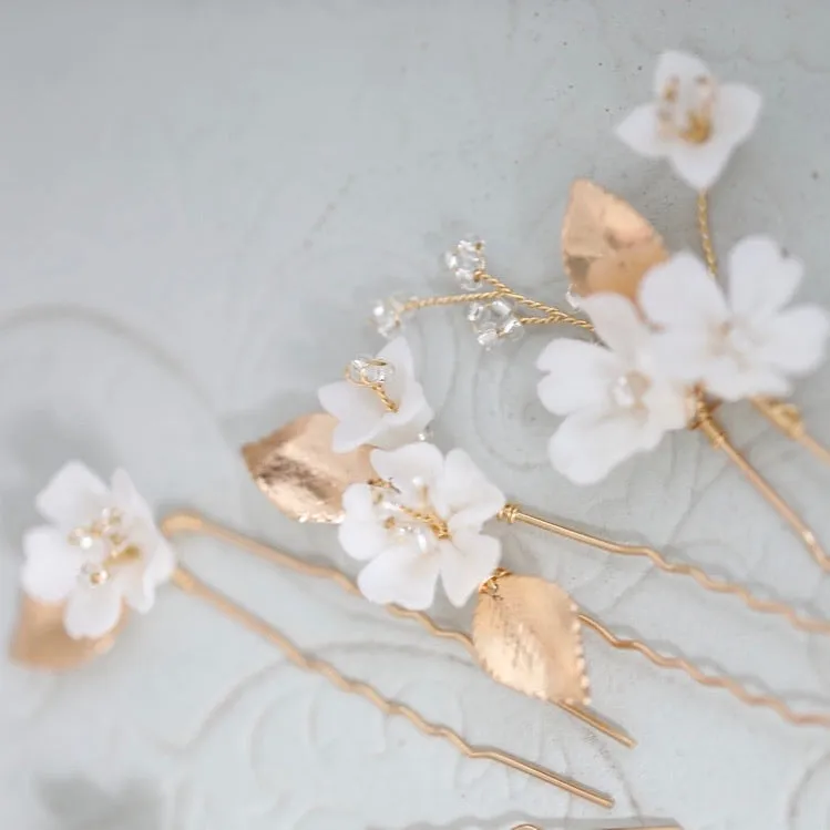 P144. ivory white clay floret hairpins, set of 5, available in gold and silver