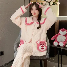 Plus Size Winter Plush Pajama Set for Women – Warm & Fluffy Cardigan Sleepwear