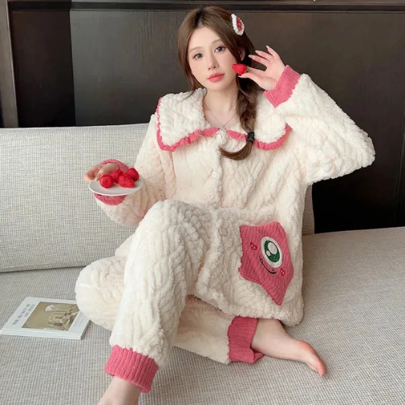 Plus Size Winter Plush Pajama Set for Women – Warm & Fluffy Cardigan Sleepwear