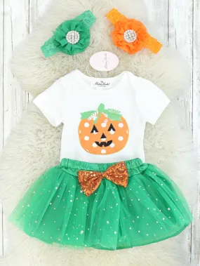 Polka Dot Pumpkin Romper & Green Tulle Skirt