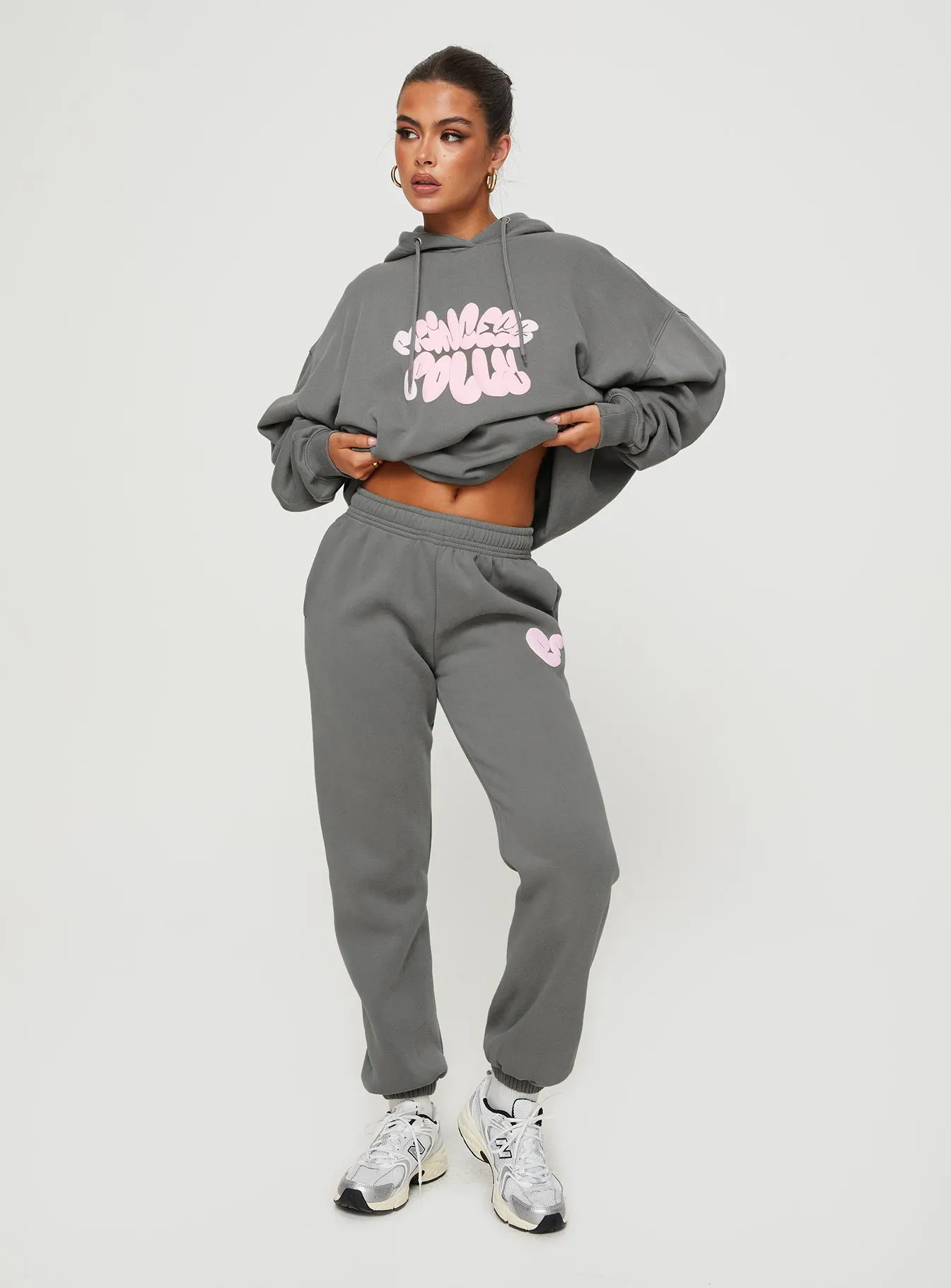 Princess Polly Track Pants Bubble Text Charcoal / Light Pink