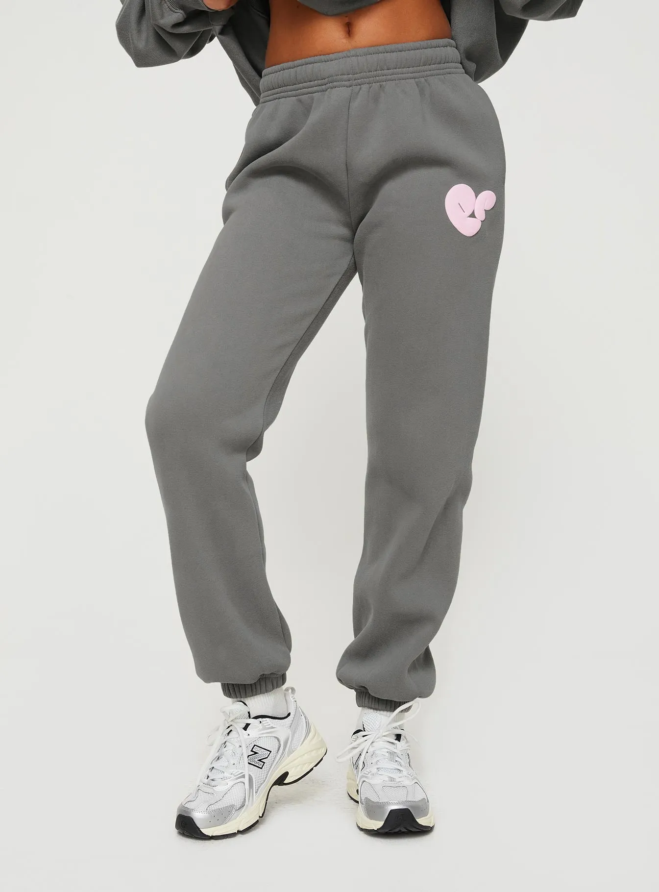 Princess Polly Track Pants Bubble Text Charcoal / Light Pink