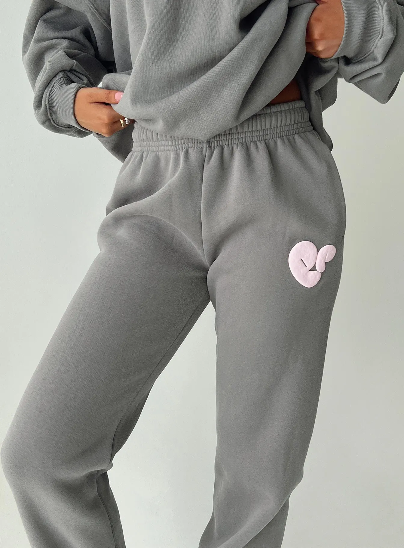 Princess Polly Track Pants Bubble Text Charcoal / Light Pink