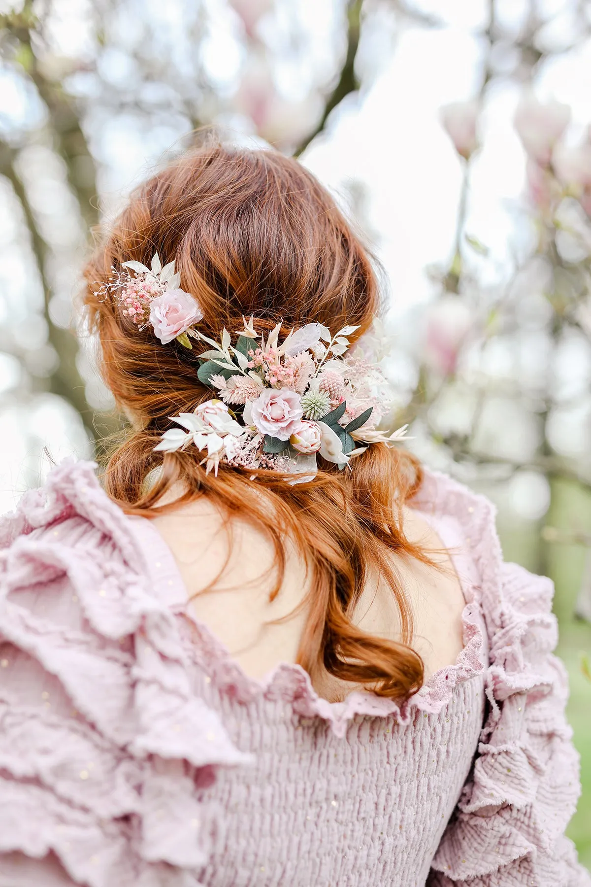 Romantic flower hair vine Bridal headpiece Pink flower crown Magaela accessories Wedding hair flowers Hair arrangement Preserved crown