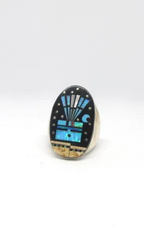 STARRY NIGHT Gilbert Smith Silver S Inlay Yei Kachina Mens Ring, Sz 11 1/2