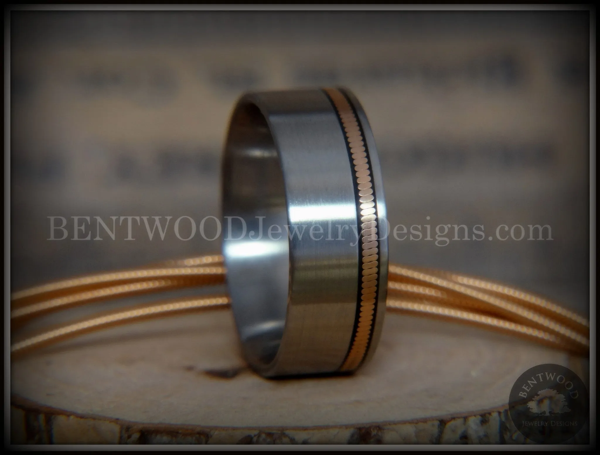 Tazzy Bentwood Ring - Rufus Bronze Guitar String Offset Inlay on Surgical Grade Hypo-Allergenic Stainless Steel Core