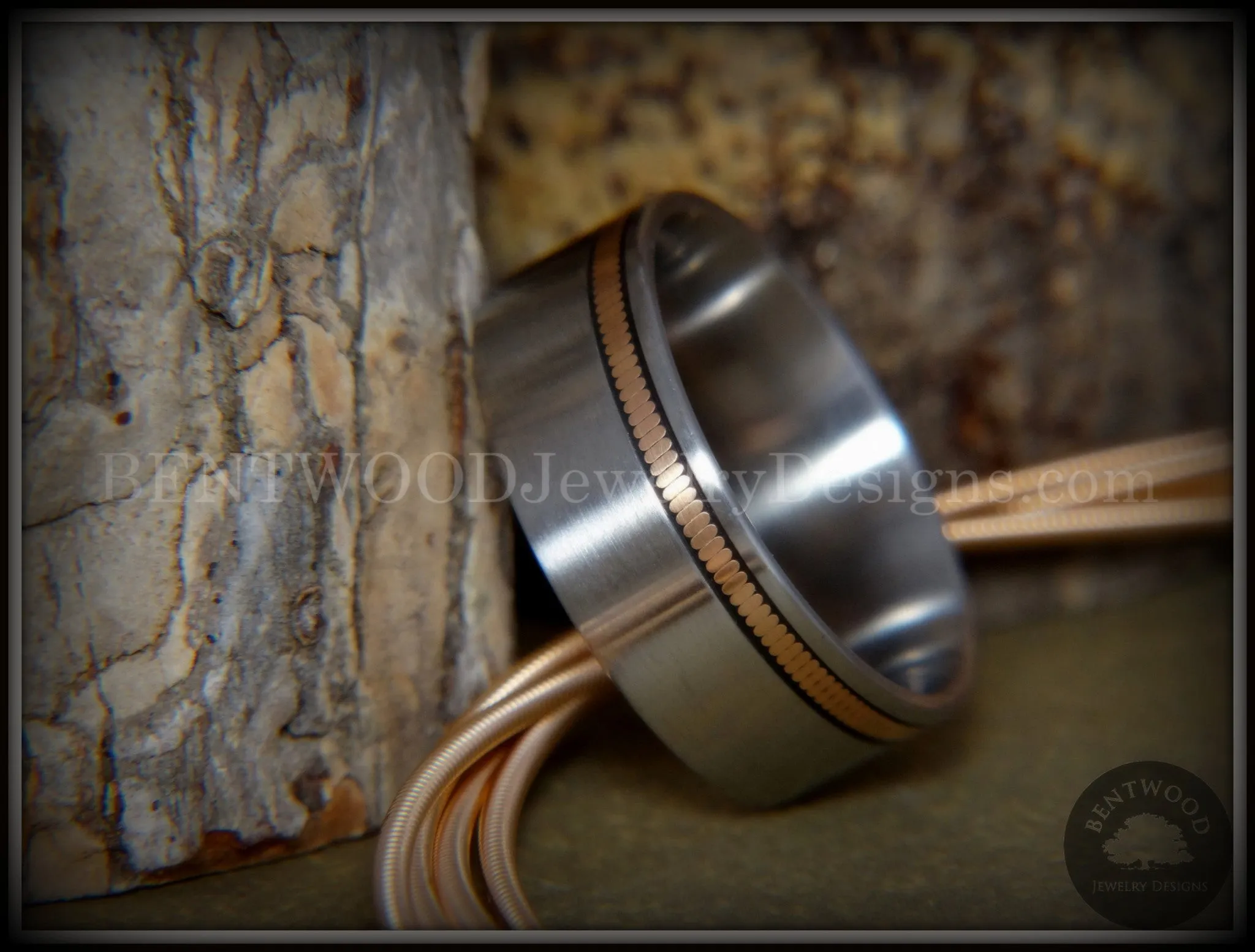 Tazzy Bentwood Ring - Rufus Bronze Guitar String Offset Inlay on Surgical Grade Hypo-Allergenic Stainless Steel Core