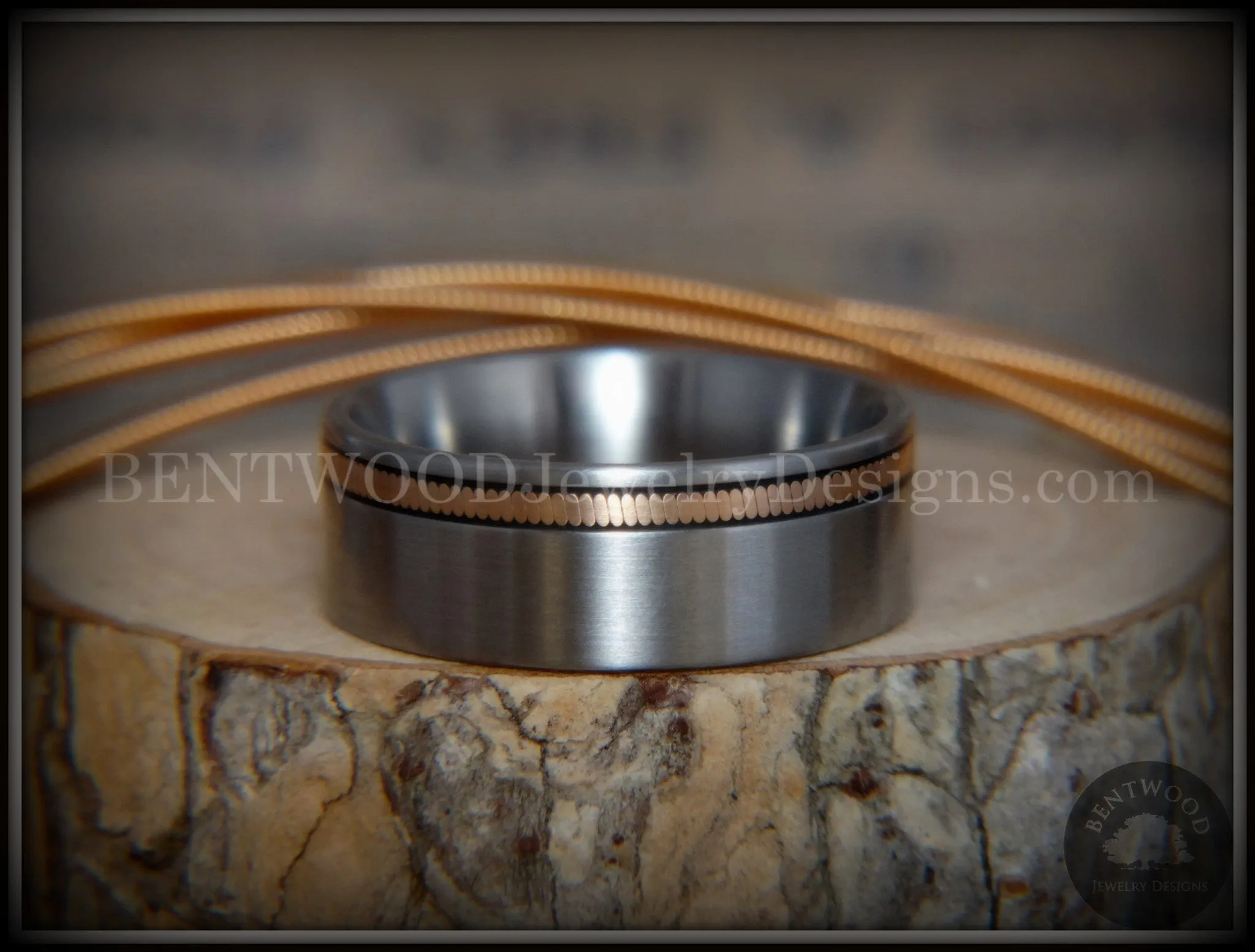 Tazzy Bentwood Ring - Rufus Bronze Guitar String Offset Inlay on Surgical Grade Hypo-Allergenic Stainless Steel Core