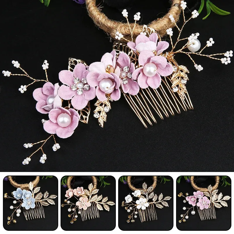 Trendy Handmade Leaf Flower Headpiece Wedding Hair Comb Bridal Hairpins Pearl Rhinestone Jewelry Girls Wedding Hair Accessories