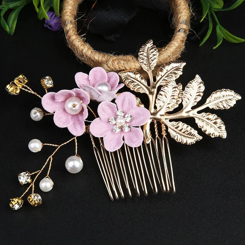 Trendy Handmade Leaf Flower Headpiece Wedding Hair Comb Bridal Hairpins Pearl Rhinestone Jewelry Girls Wedding Hair Accessories