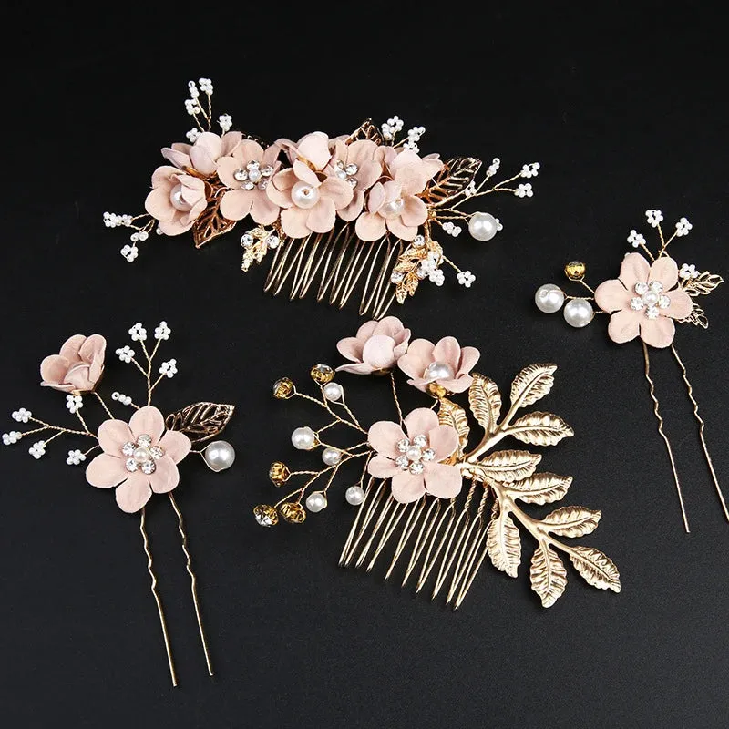 Trendy Handmade Leaf Flower Headpiece Wedding Hair Comb Bridal Hairpins Pearl Rhinestone Jewelry Girls Wedding Hair Accessories