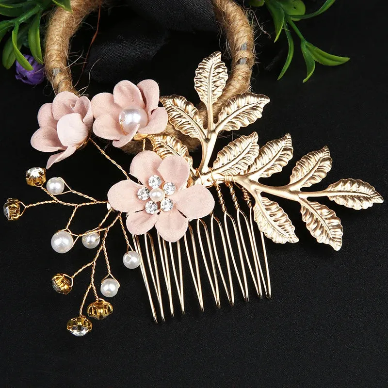 Trendy Handmade Leaf Flower Headpiece Wedding Hair Comb Bridal Hairpins Pearl Rhinestone Jewelry Girls Wedding Hair Accessories