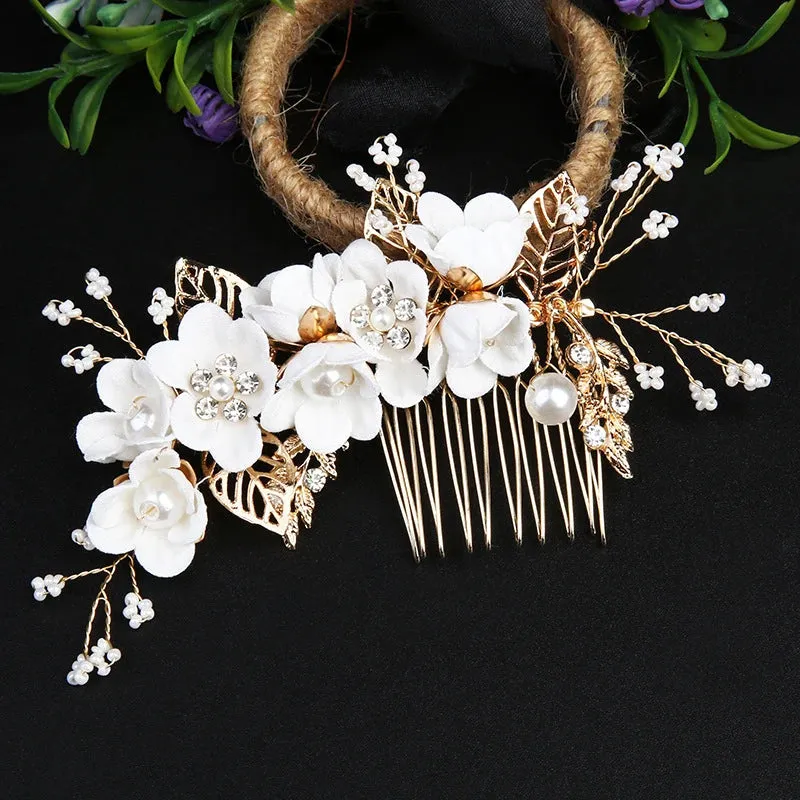 Trendy Handmade Leaf Flower Headpiece Wedding Hair Comb Bridal Hairpins Pearl Rhinestone Jewelry Girls Wedding Hair Accessories