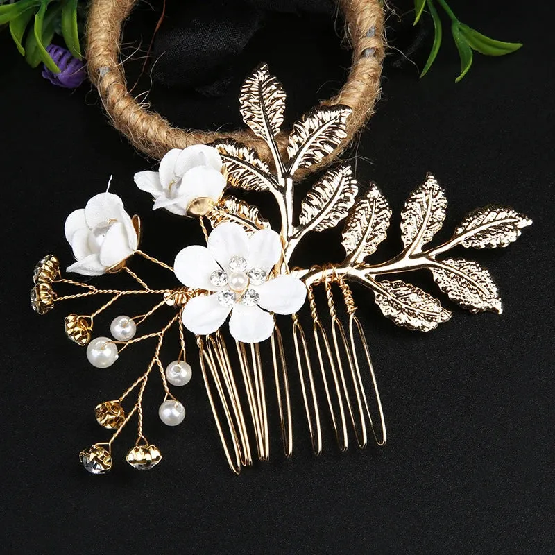 Trendy Handmade Leaf Flower Headpiece Wedding Hair Comb Bridal Hairpins Pearl Rhinestone Jewelry Girls Wedding Hair Accessories