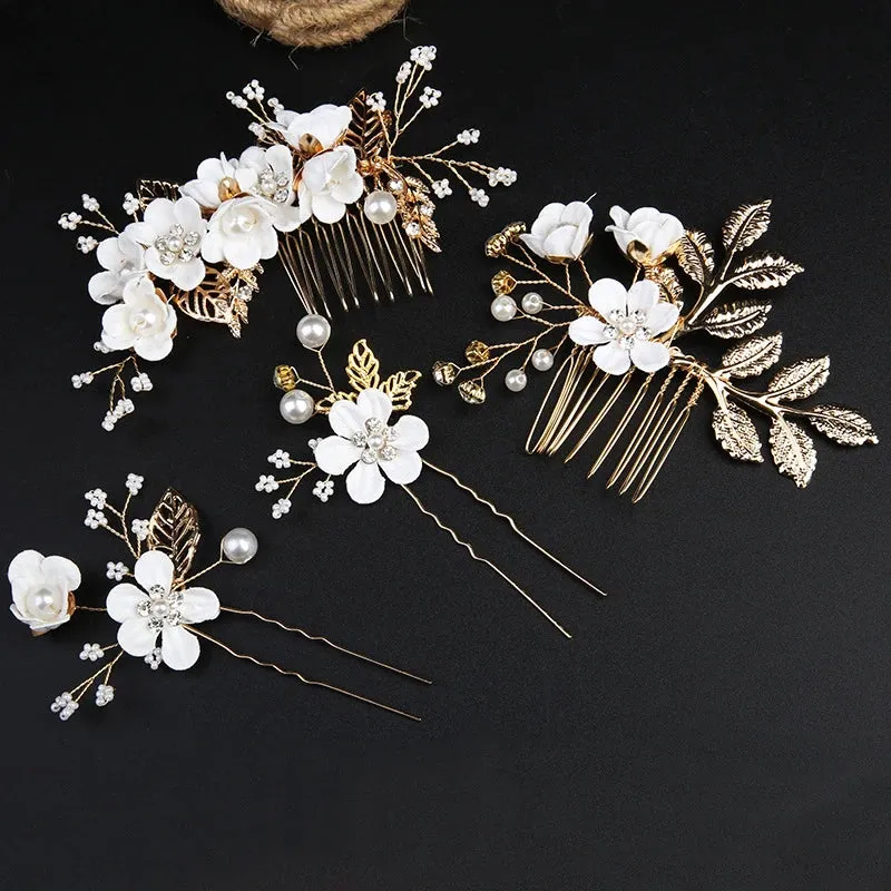 Trendy Handmade Leaf Flower Headpiece Wedding Hair Comb Bridal Hairpins Pearl Rhinestone Jewelry Girls Wedding Hair Accessories